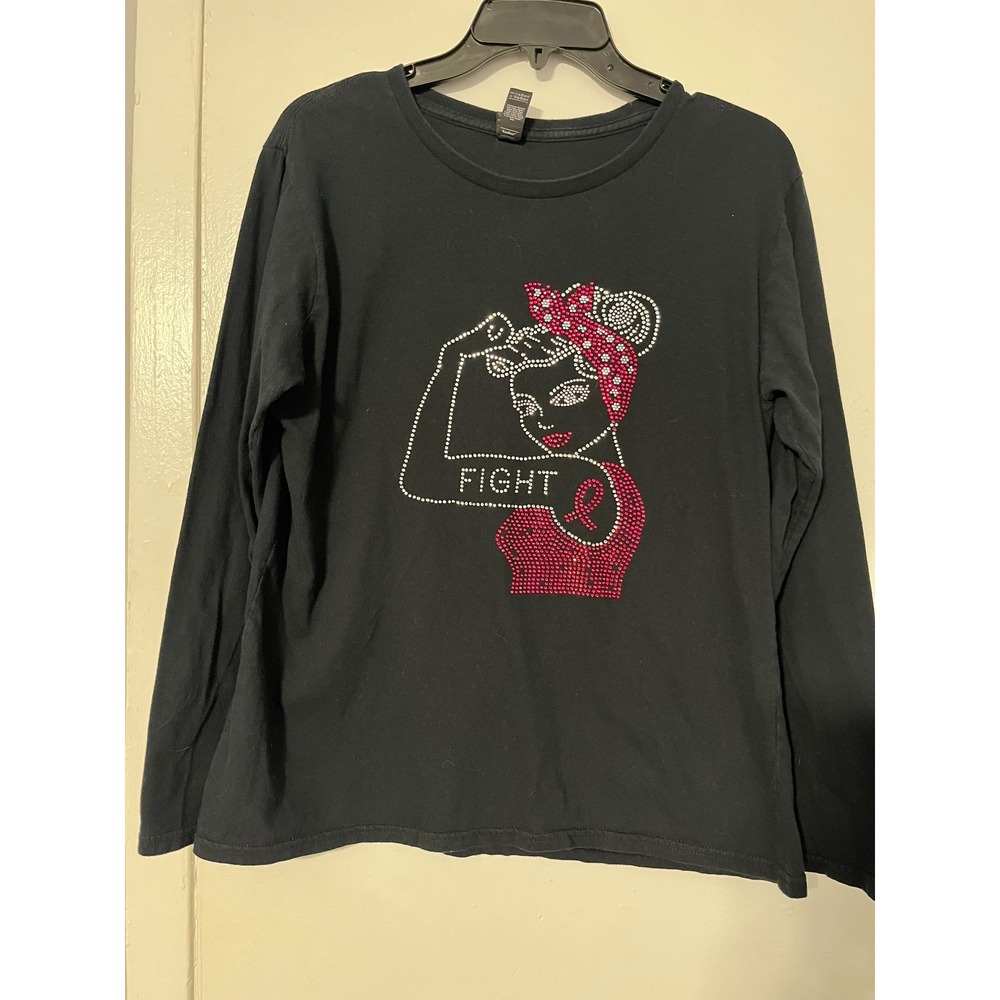 Anvil Womens Breast Cancer Awareness Rosie Riveter Rhinestone Long Sleeve Tee L